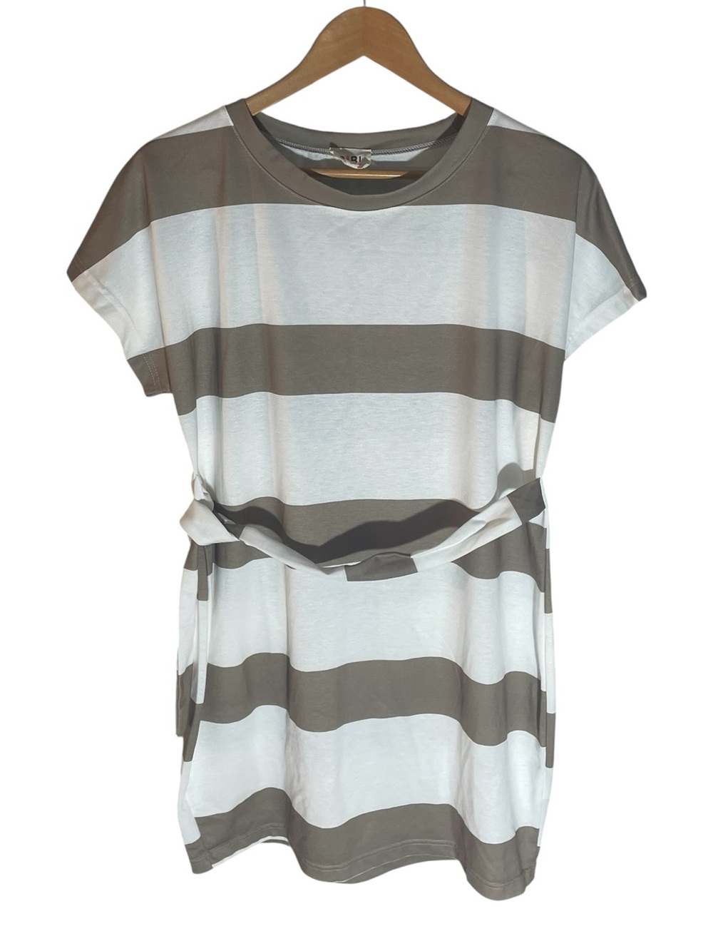 C23- BiBi Striped Belted Tee Tunic - White & Taupe